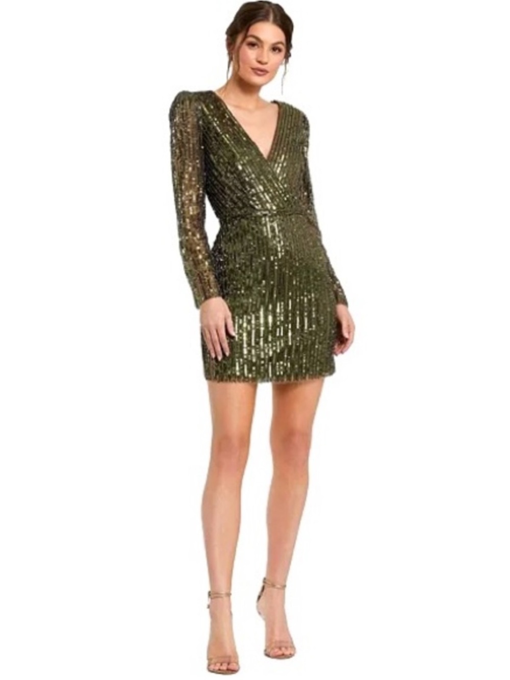 MAC DUGGAL Sequin Beaded Stripe Long Sleeve Green Cocktail Dress NEW Size 4